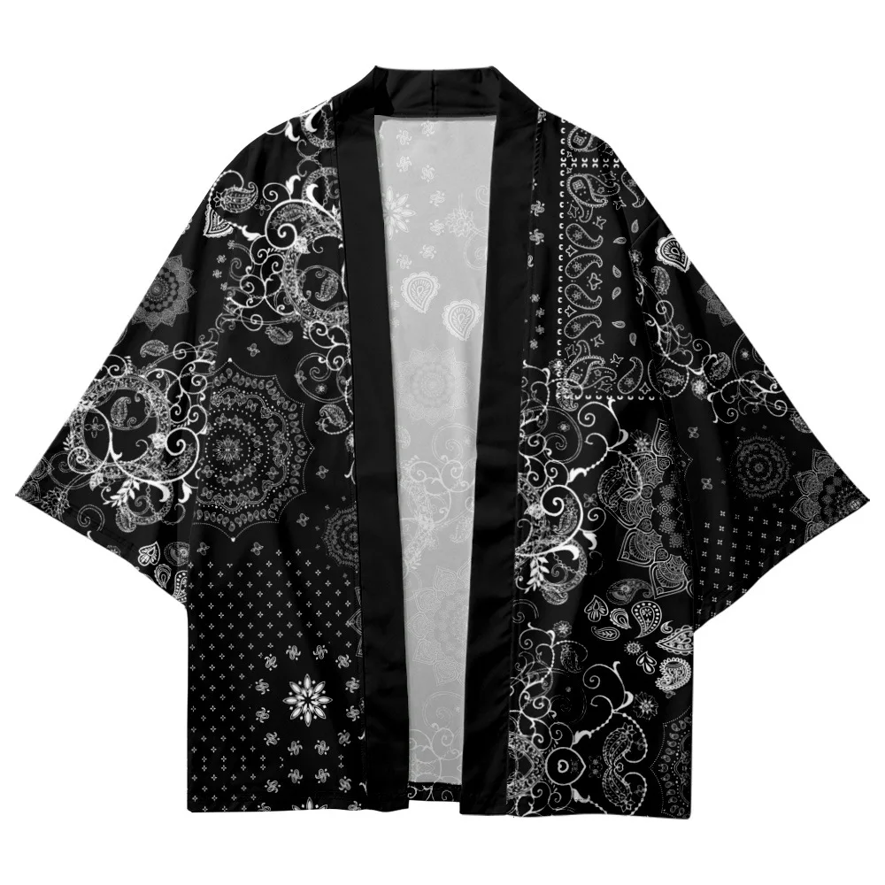 Black Traditional Cashew Flowers Print Kimono 2022 New Arrival Streetwear Men Cardigan Haori Japanese Style Clothes Summer Tops