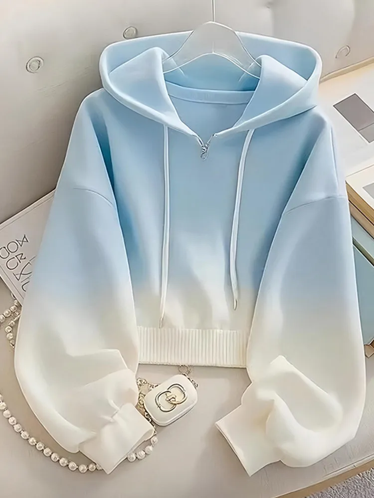 

adient Blue Hoodie Women's Loose Fit Spring Autumn Versatile Sweatirt Faionable Korean Sle Lazy Top Casual Wear