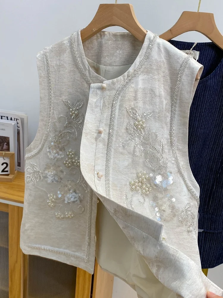 Nieuwe Chinese Sle Heavy Embellied Sequin Jaet Dames Zomer 2025, Seizoensgebonden Faion Gelaagdheid Tanktop Vest met knopen