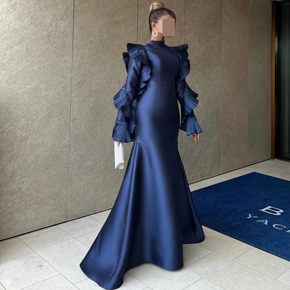 

Dubai Evening Caftan Dress Blue Floor Length High Neckline Long Sleeves Satin Straight Pleats Sweep Train Quinceanera Gowns 2024