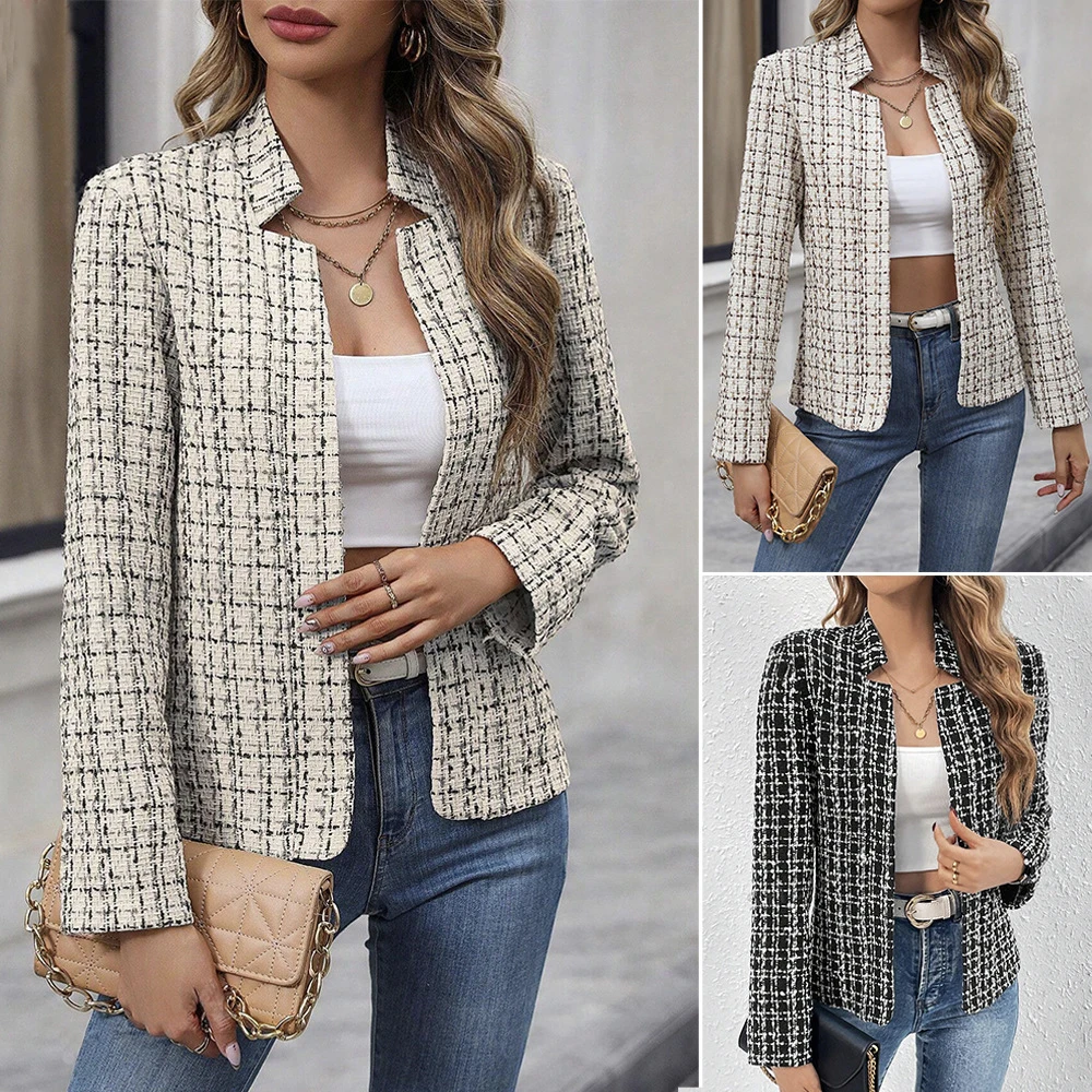 

Tweed Plaid Blazer Long Sleeve Collared Open Front Casual Office Party Jacket Vintage Clothes for Woman