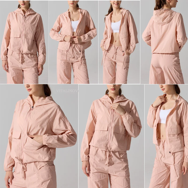 VITALINOVO Leichte Regenjacke für Damen, wasserdicht, durchgehender Reißverschluss, langärmelig, Sportjacke mit Kapuze, Windjacke zum Wandern – Detail 7
