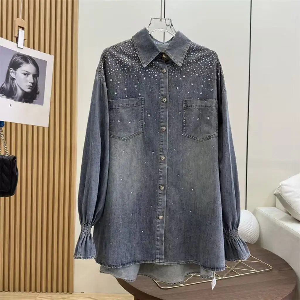 New In Autumn Sparkle Hot Drilling Denim Shirts & Blouses For Women\'s Fashion Trend Long Sleeve Blusas Woman Clothes