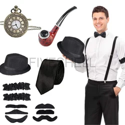 1920s Mens Great Gatsby Party Cosplay Costume Suit Men Gangster Party Props Hat Cigar Suspender Pocket Watch Accessories Set