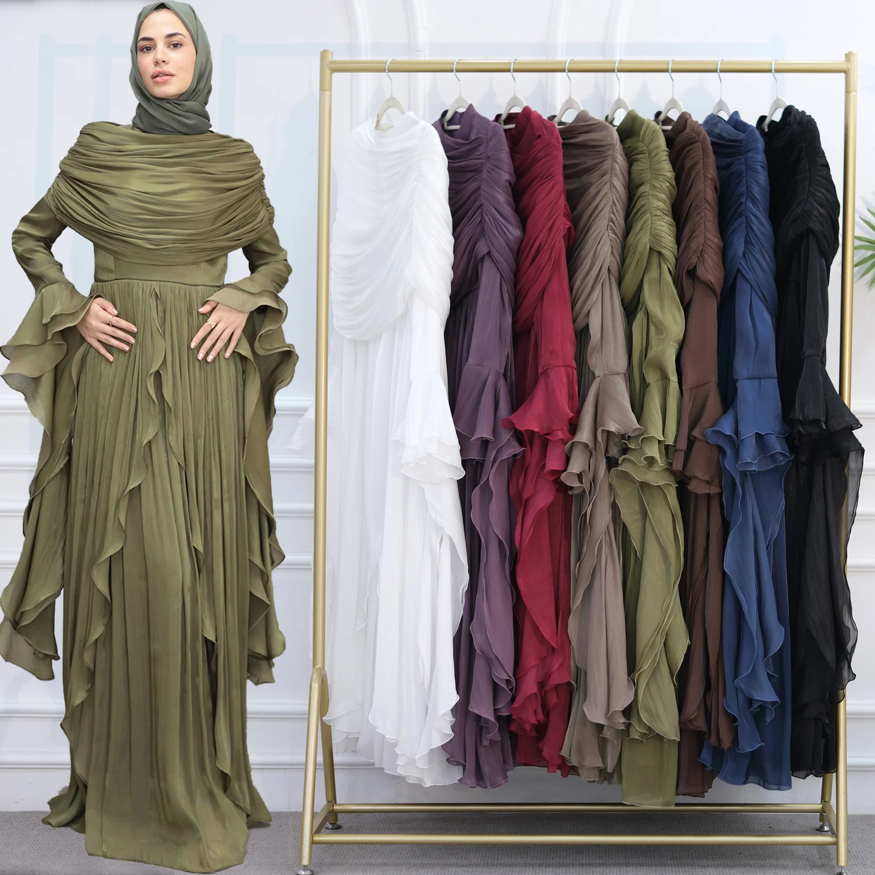 

Evening Party Ramadan Eid Regular-Fit Feminine Flattering Modest Long Dress with Draped Shoulder Wrap. Islam Muslim Women Dress