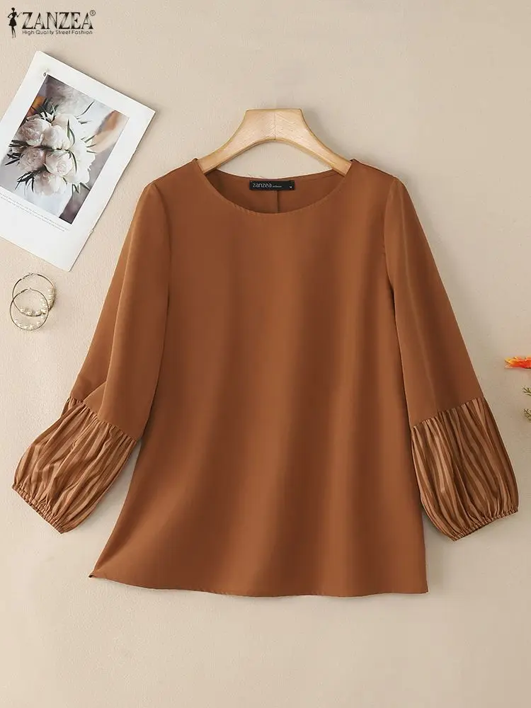 

2025 ZANZEA Autumn Blouse Women Vintage O Neck Long Sleeve Tops Female OL Work Blusas Loose Chemise Mujer Casual Patchwork Shirt