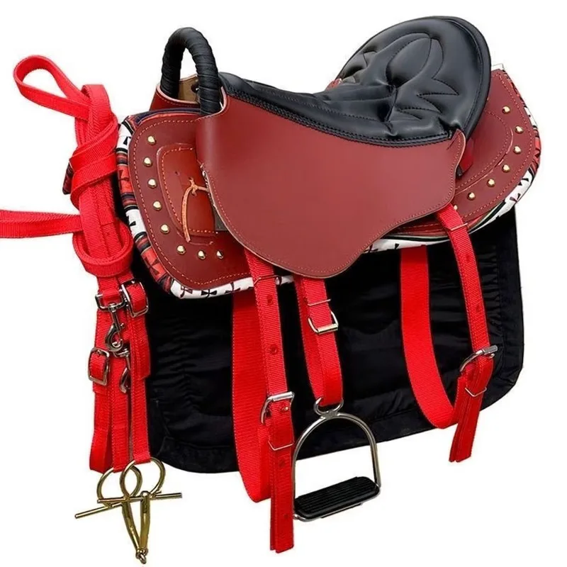 Leder-Sattelset Komplettset Weicher Sitz Komfort Touristen-Pommel-Pferdesattel, Rot 6-teiliges Set