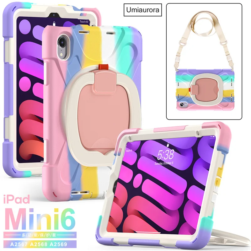 Tablet Case For IPad Mini6 Mini 6th Gen 8.3 inch Heavy Duty Armor Kids Shockproof Rotation Hand Ring Stand Cover Funda + Strap