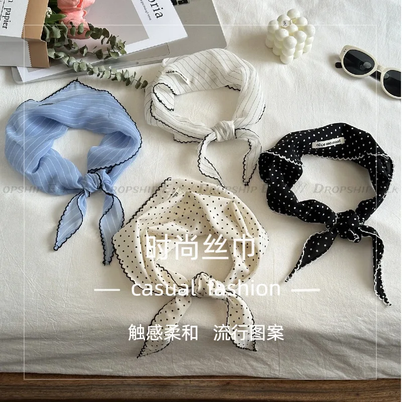 한국 스타일 도트 삼각형 실크 스카프 여성 여름 패션 다목적 얇은 목 스카프 하이 엔드 여행 넥타이 머리 머리 스카프