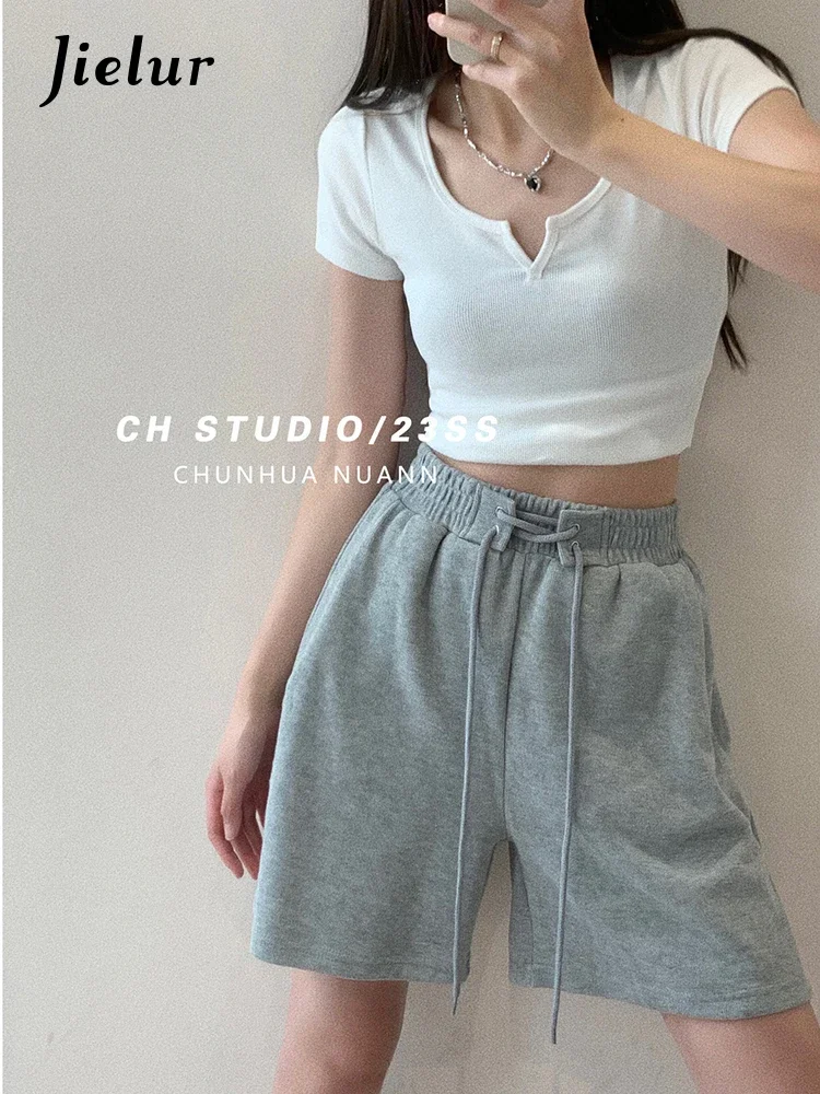 

Jielur New Slim Casual Solid Color Women Shorts Basic Loose Korean Shorts Female Summer Thin Light Grey Dark Grey Black Shorts