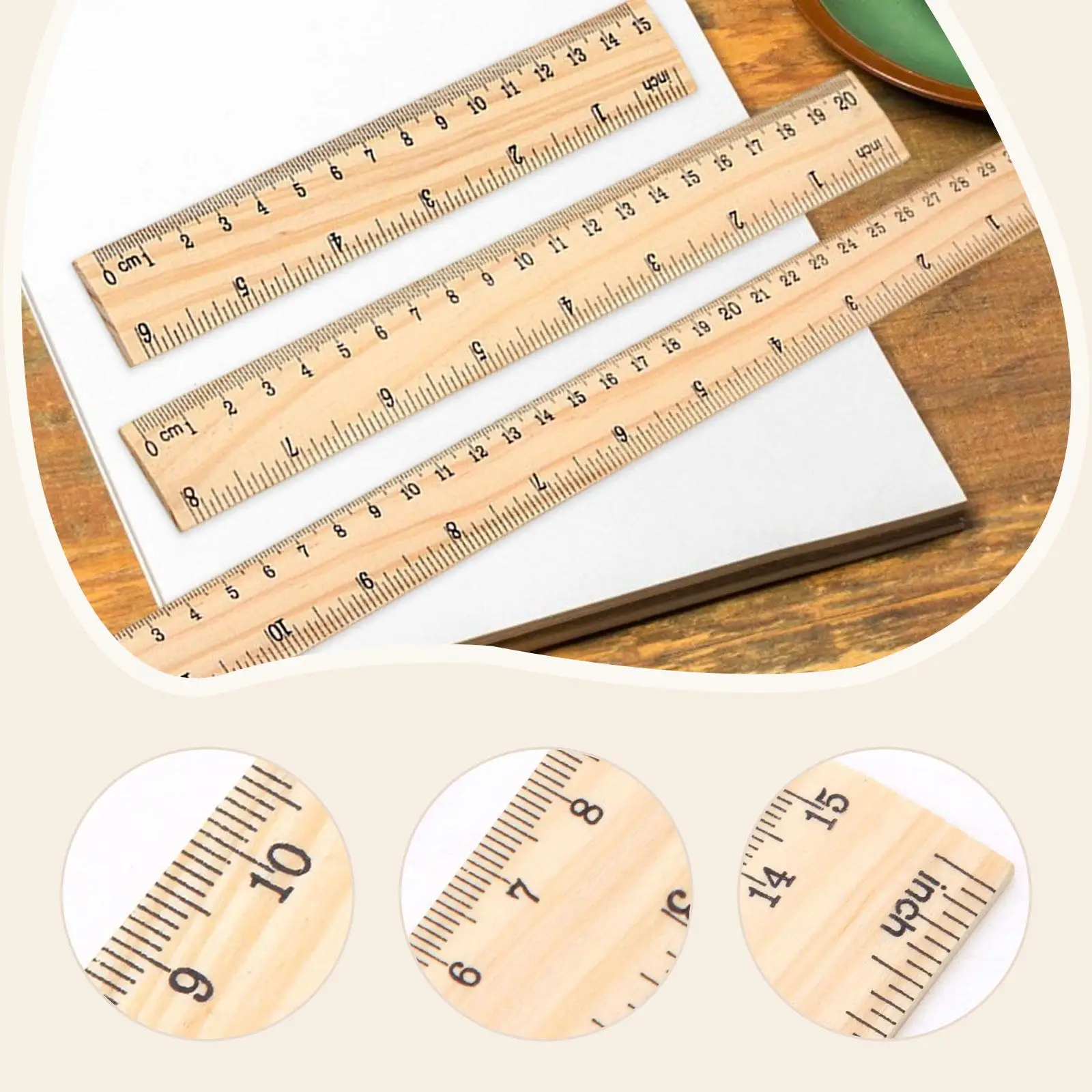 3x Wooden Rulers Measuring Rulers Versatile Comfortable Grip Accurate 2 Scale Measuring Tool for Engineers Office