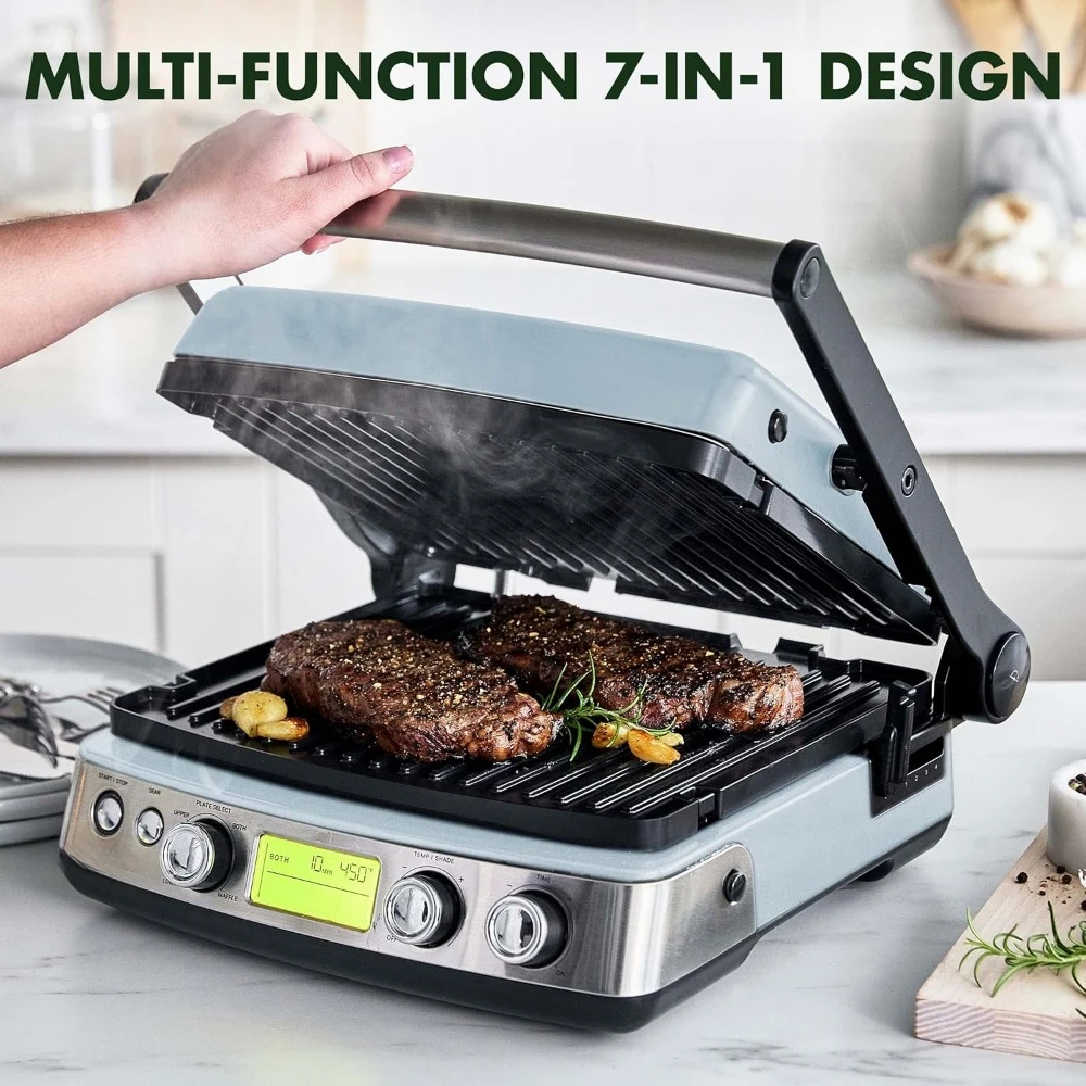 7-in-1 Multi-Function Contact Grill & Griddle, Adjustable Shade & Shear, Closed Press/Open Flat Surface,Blue Haze