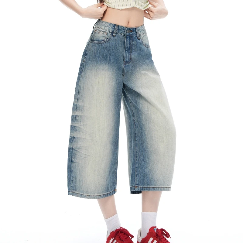 2026 Summer Mustache Effect Design Girls Denim Cropped Pants Pattern Bamboo Straight Leg Loose Wide Leg Jeans for Women