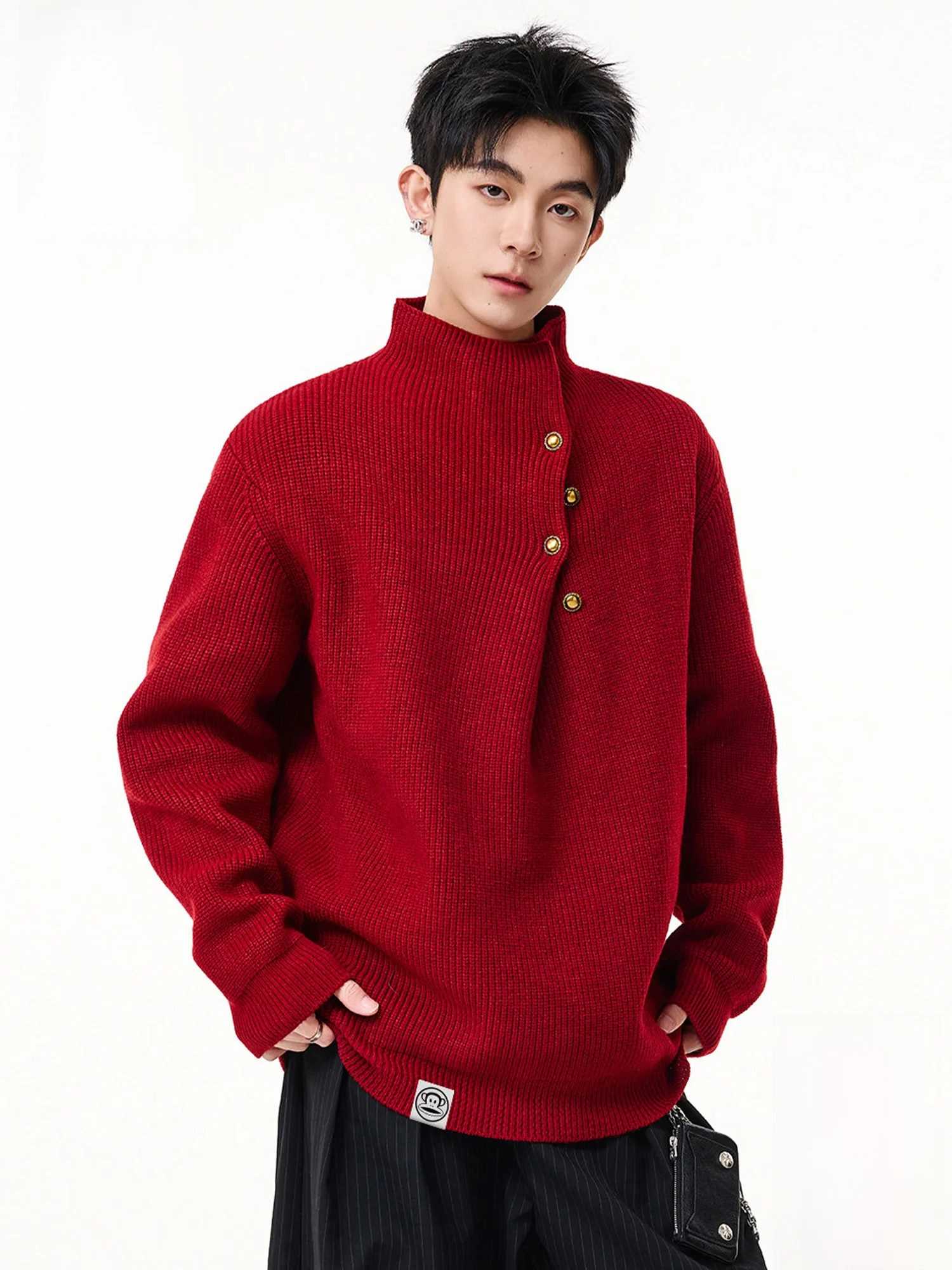 

PaulFrank Red Stand Collar Men's Knitted Sweater Button Design Casual Sle Polyester Fiber Spring Wear Luy Year