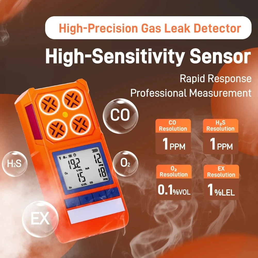 4-in-1 Portable Gas Detector Combustible Natural Leak Alarm with Sound Screen Vibration for Home or Factory Safety