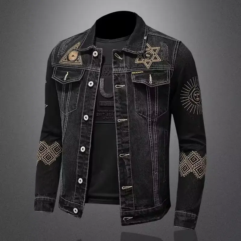 New Spring and Autumn Men\'s Denim Jacket Classic Retro Embroidered Lapel Motorcycle Jacket Trendy Fashion Loose Casual Denim Top