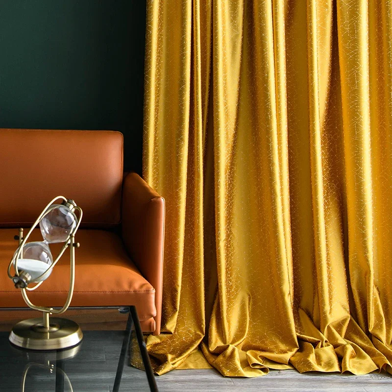 Modern Light Luxury Golden Yellow Curtains Simple Solid Color Texture Jacquard Cloth Living Room Bedroom Window Decor Custom