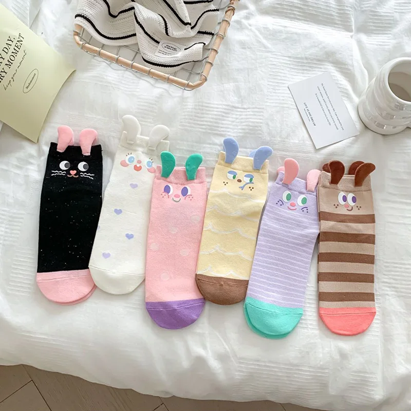 Calcetines de tubo de corte bajo con orejas de dibujos animados para niñas, conjunto de calcetines Kawaii, Harajuku, moda japonesa, lote de 6 pares