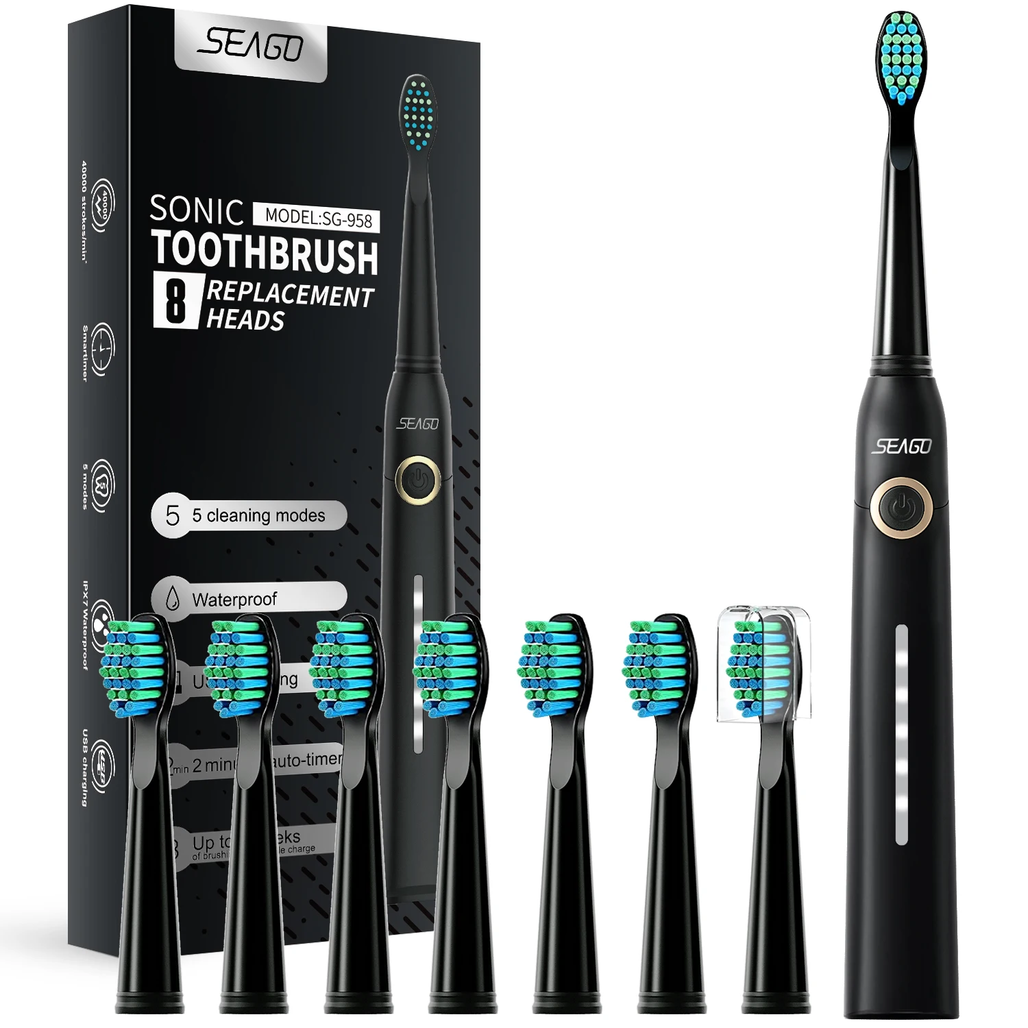 Seago Fast Rechargeable Sonic Toothbrush Electric Smart Automatic with 8 Replacement Brush Heads Adult Waterproof 5 Modes SG-958