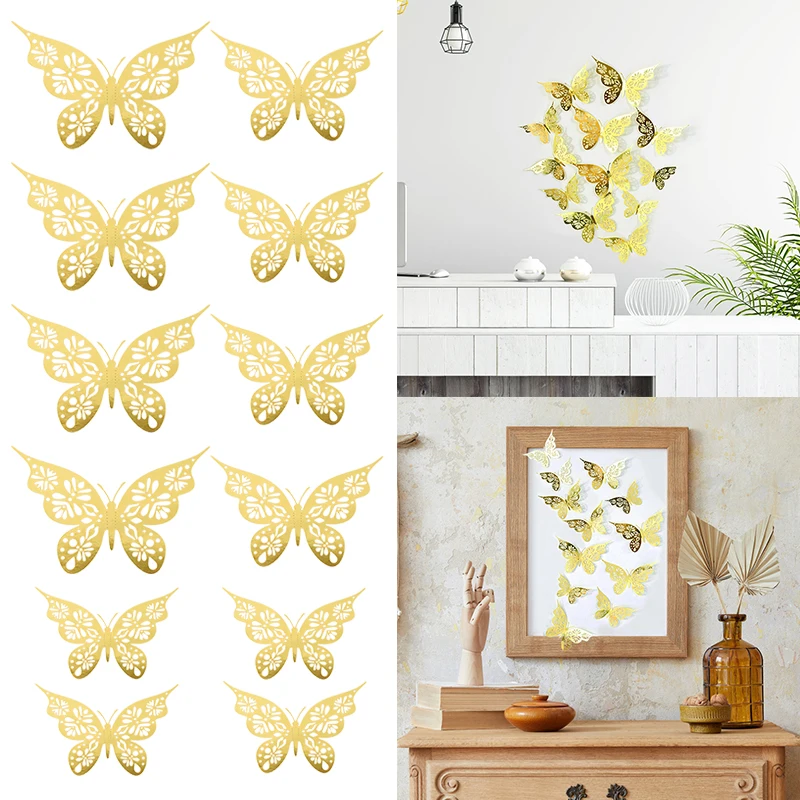 12 шт. 3D полые бабочки настенные наклейки DIY домашний декор креативные наклейки Золотая Бабочка гостиная детская комната украшение