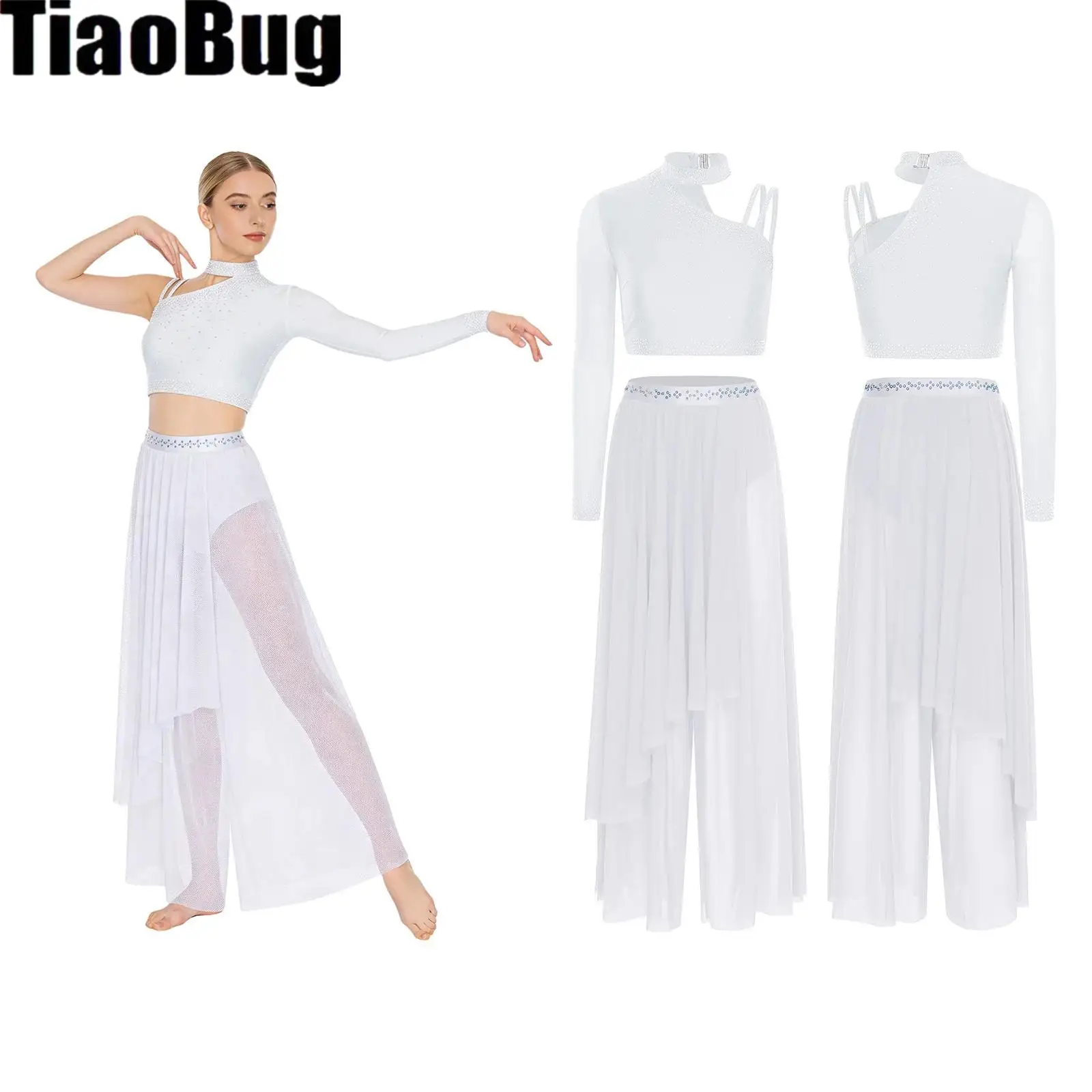 

Womens Lyrical Ballet Dance Outfit Single Asymmetrical Shoulder Rhinestone Crop Tops And Loose Leg Overlay Built-in Briefs Pants