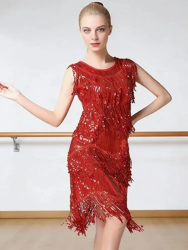

Latin Salsa Tango Dress Women Sequin Asymmetrical Fringe Round Neck Chest Pattern Ballroom Dancing Costume