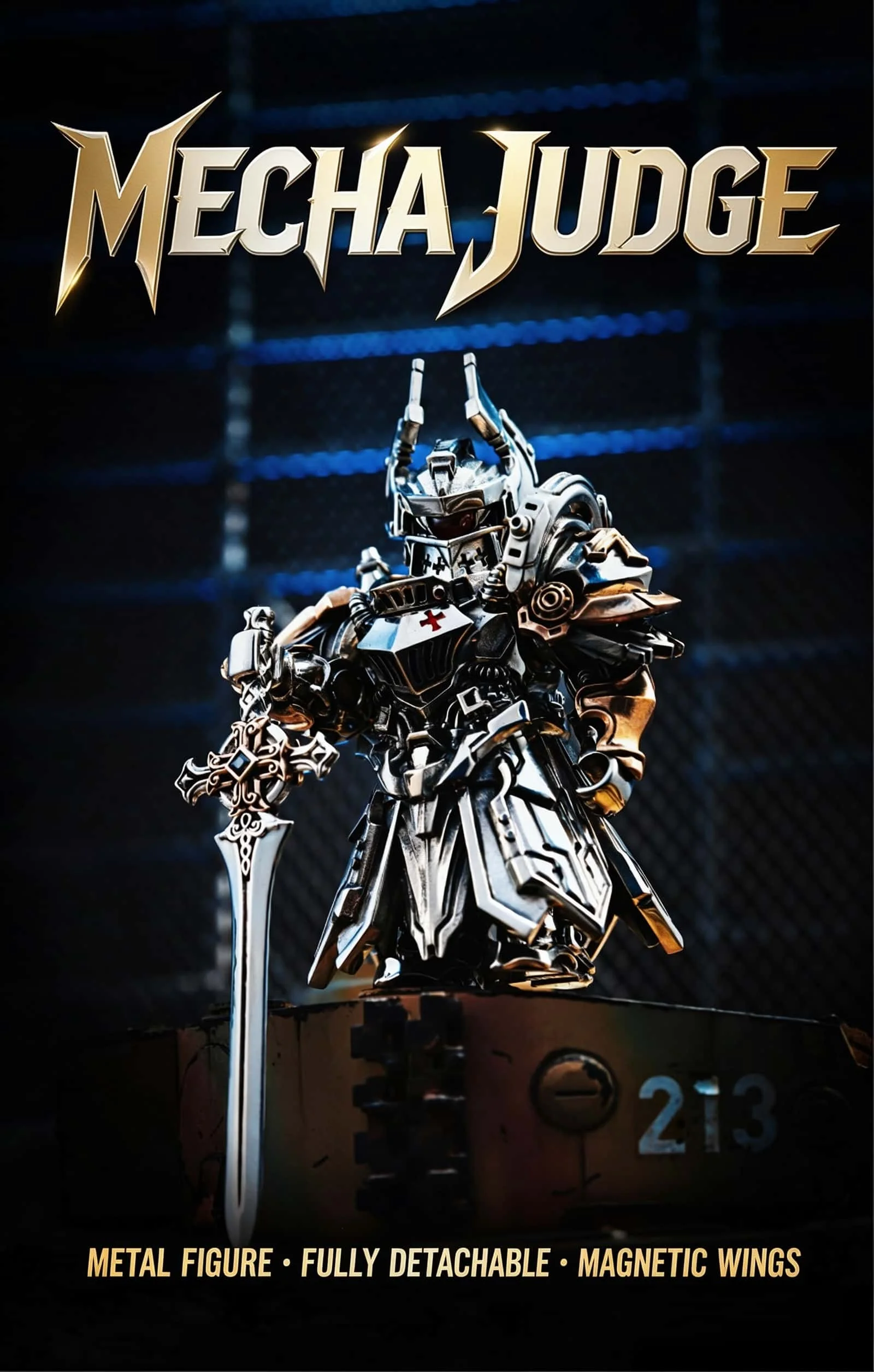 Adult Collectible Mecha Judge Statue, Detachable Metal Robot with Magnetic Wings & Sword, Desk Art Decor