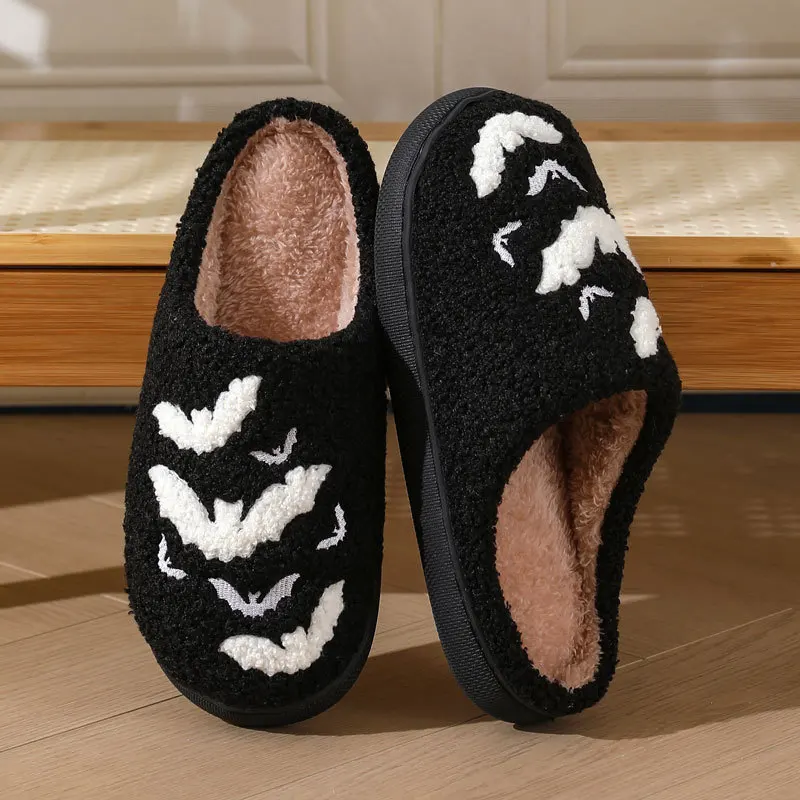Halloween Bat Pattern Embroidered Plush Home Thick-Soled Comfortable Woolen Cotton Slippers  Warm Non-Slip Indoor Slippers view 2