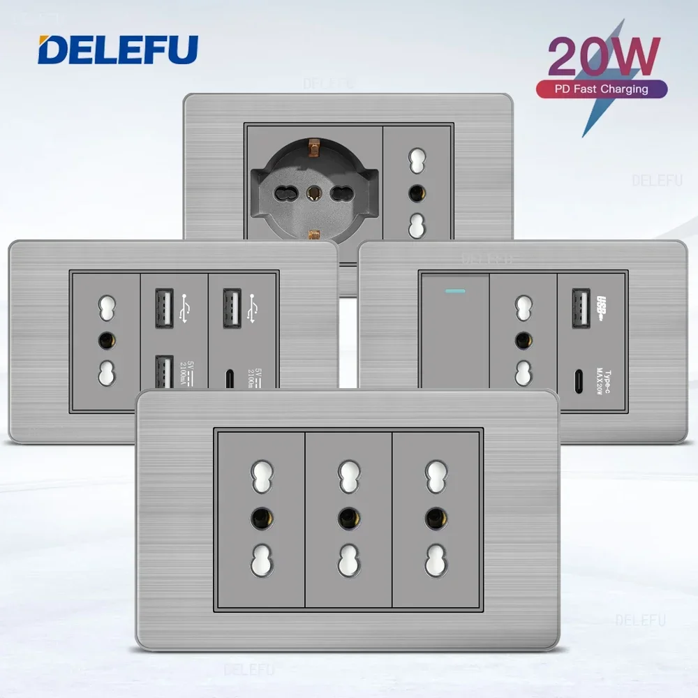 DELEFU Black Stainless steel  Italy Standard Home Office EU Outlet USb Type C Chile Korea Wall Socket Light Pressure Switch 118