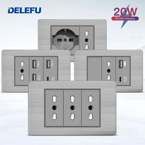 DELEFU negro acero inoxidable Italia USB TypeC enchufe de pared de carga rápida Schuko Tuya Wifi interruptor inteligente Sat TV Tel timbre cortina