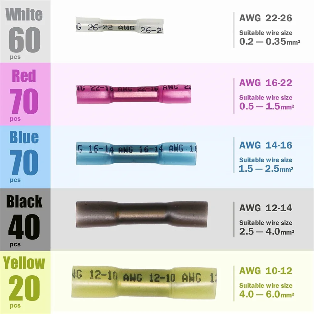 

260 шт., комплект термоусадочных стыковых разъемов, стыковые клеммы для проводов, 10-26AWG, водонепроницаемая изолированная клемма для электрических проводов