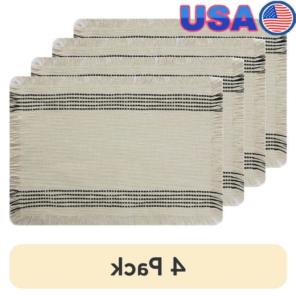 

4 Pack Cotton Woven Placemat Black White Stripe 14x20 Decorative Tasseled Table Protector Everyday Dining Tableware