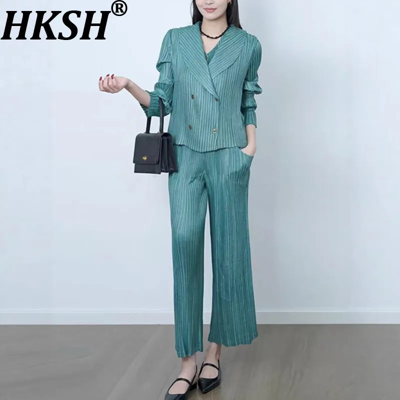 

HKSH Women Suit Solid Color Double Breasted Pleated Blazer V-neck Waistcoat Elastic Waisted Casual Pants Elegant Ins Set HK21452