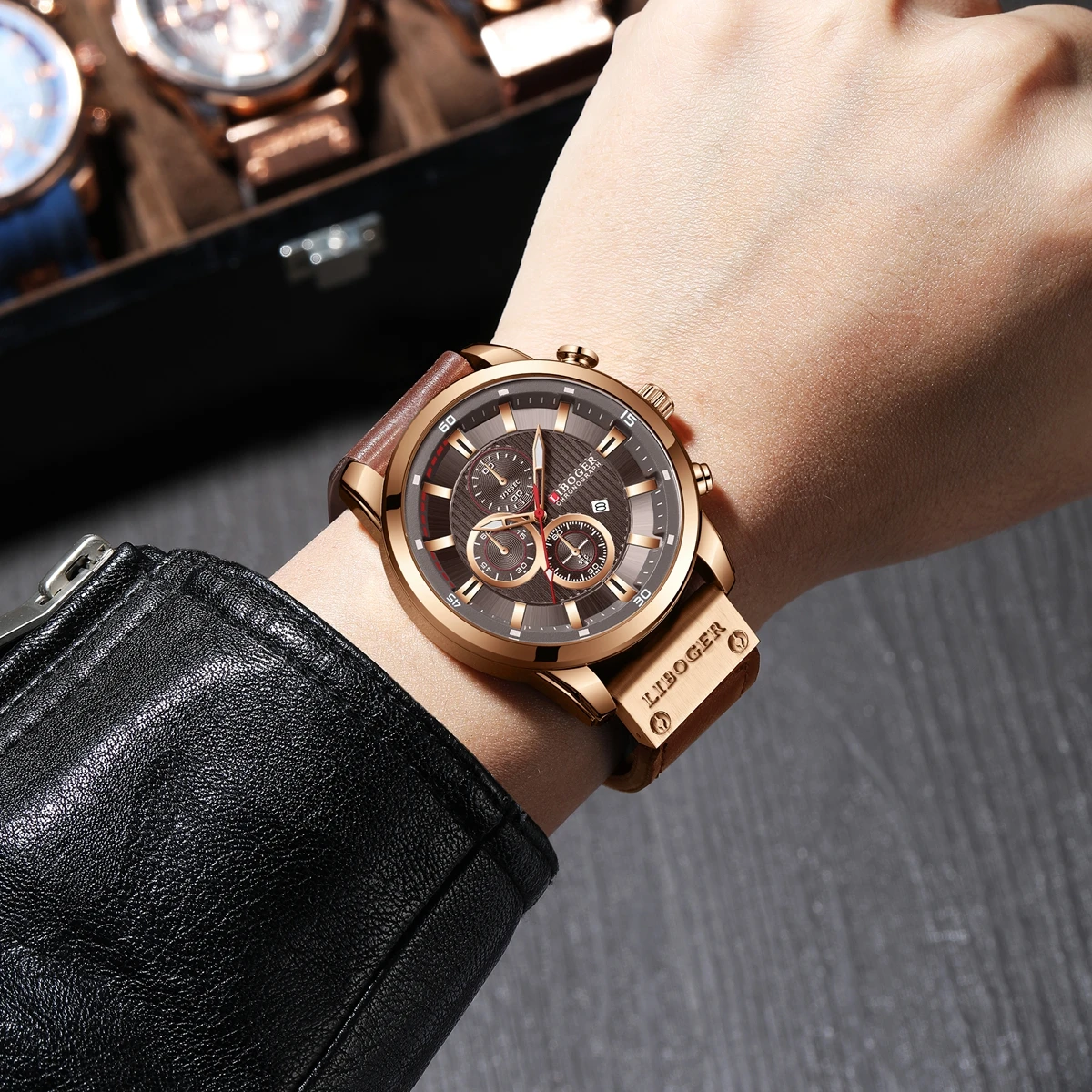 Business Men Quartz Watch High-end Auto Date PU Leather Strap Wristwatch for Man Fashion Casual Analog view 5