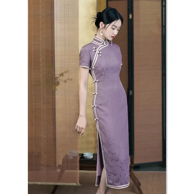 

Old Shanghai Retro Chinese Style Jacquard Long Short sleeved Qipao 2024 Spring/Summer New Women's Banquet Qipao Cheongsam Dress