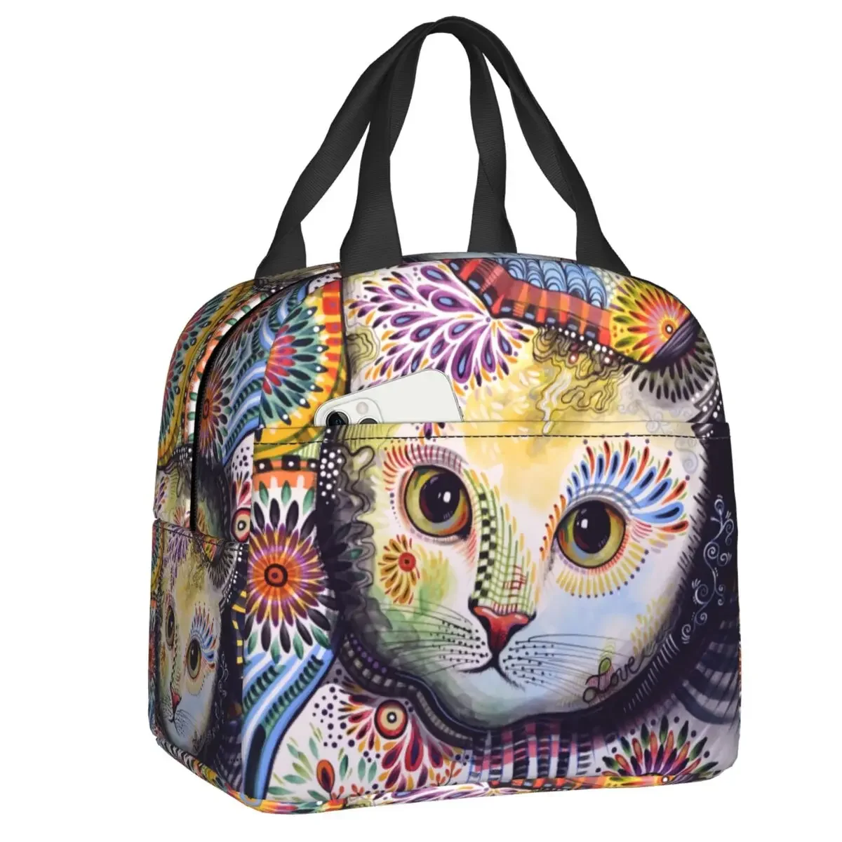 Cute Flower Cat Painting Insulated Lunch Bag for Women Kids Reusable Cooler Thermal Lunch Box Picnic Food Container Bags