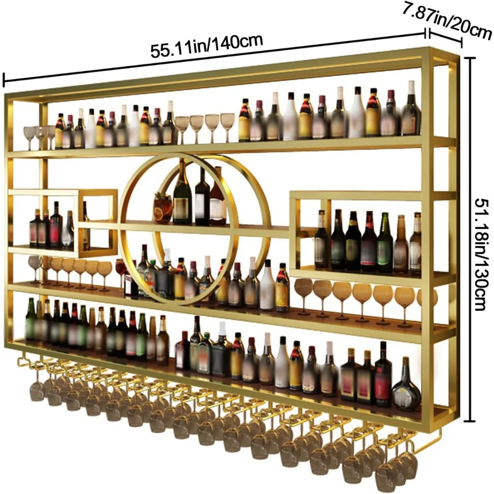 Rack de vinho de 63 polegadas montado na parede, prateleira de exibição de garrafas de vinho suspensa de grande capacidade com suporte para copos,
