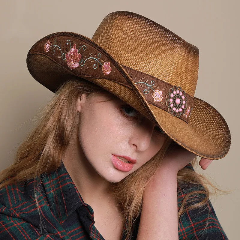 Three-dimensional embroidery handmade straw hat western cowboy hat men cap outdoor women hat light luxury European and American