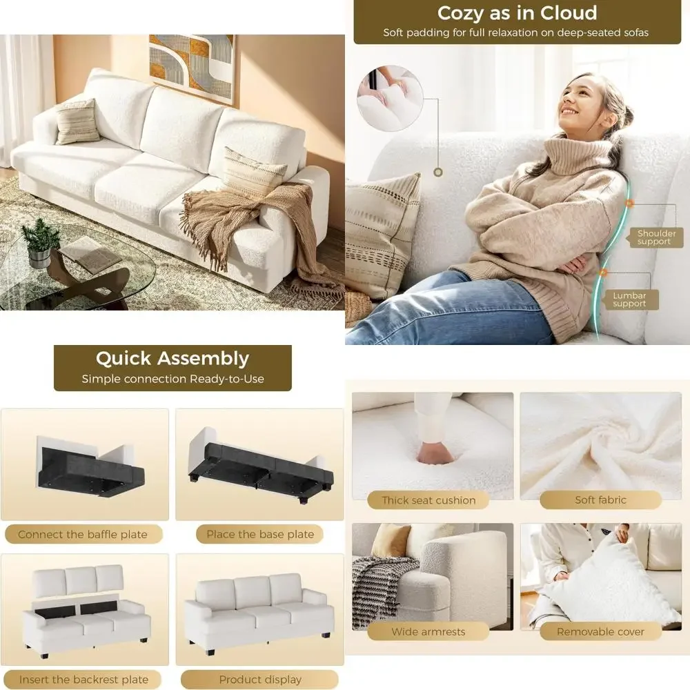 Comfy Cloud 3-Seater Loveseat Sofa with Deep Seats, Living Room Couch, Bouclé Fabric, Wood Frame, Easy Assembly