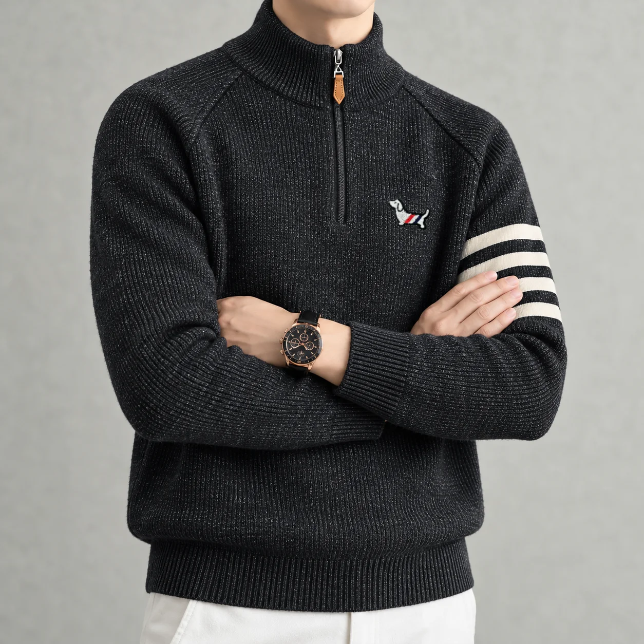 High End Men's Sweater Winter New Thicken Warm Velvet Designer Brand Dog Embossed Fashion Stripe Semi High Neck Knitted Pullover