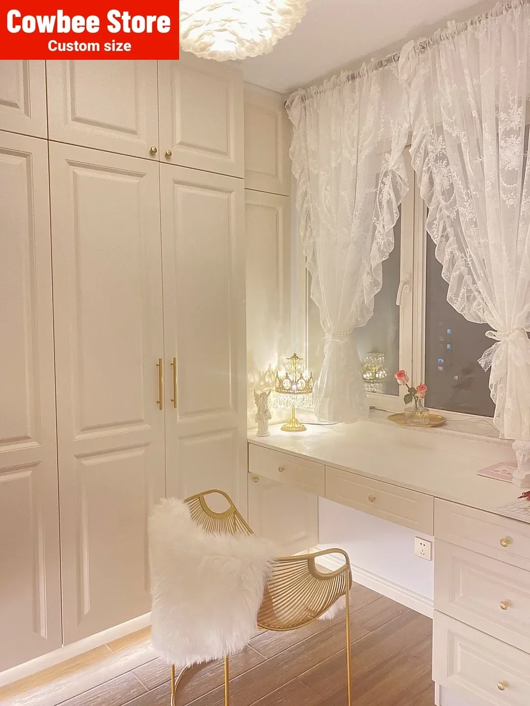 French Rococo Curtain for Living Room Bedroom Balcony American Retro Garland Lotus Leaf Fungus Lace Floating Window Door Curtain