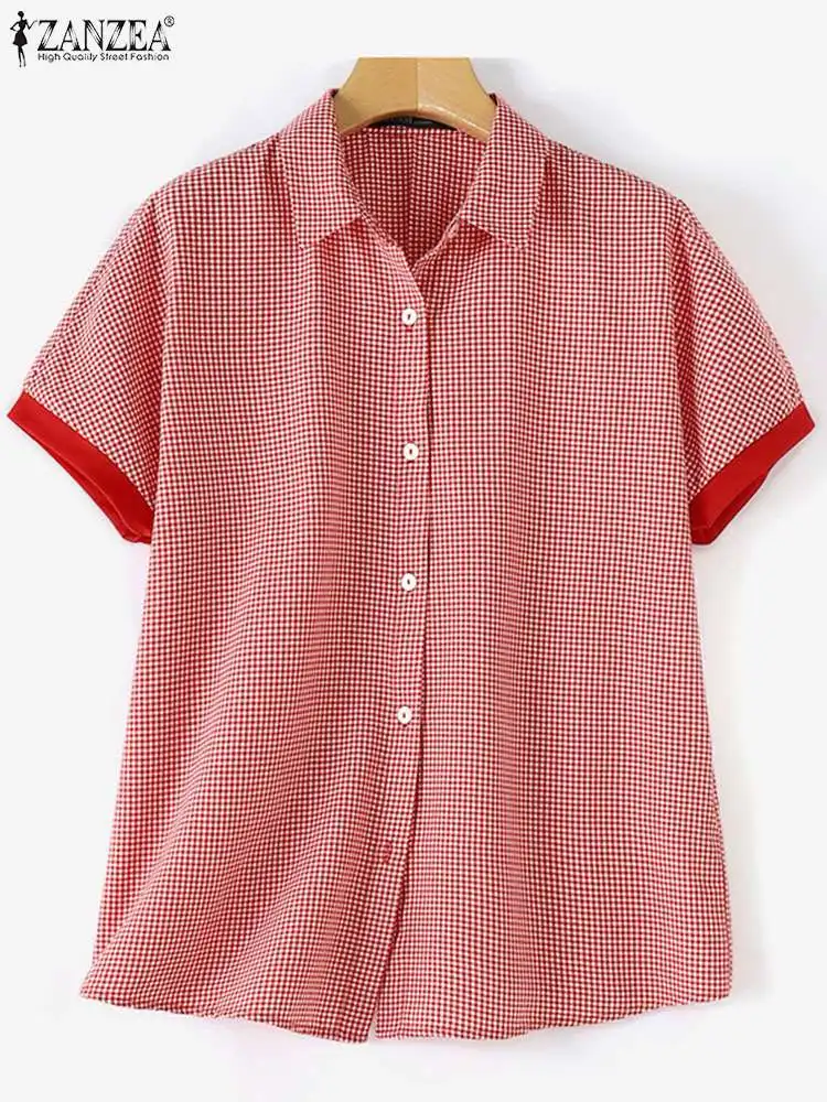 ZANZEA Koreańska moda damska Camisas Summer Checked Lapel Neck Button Up Gingham Shirts Vintage Color Block Short Sleeve Blouses