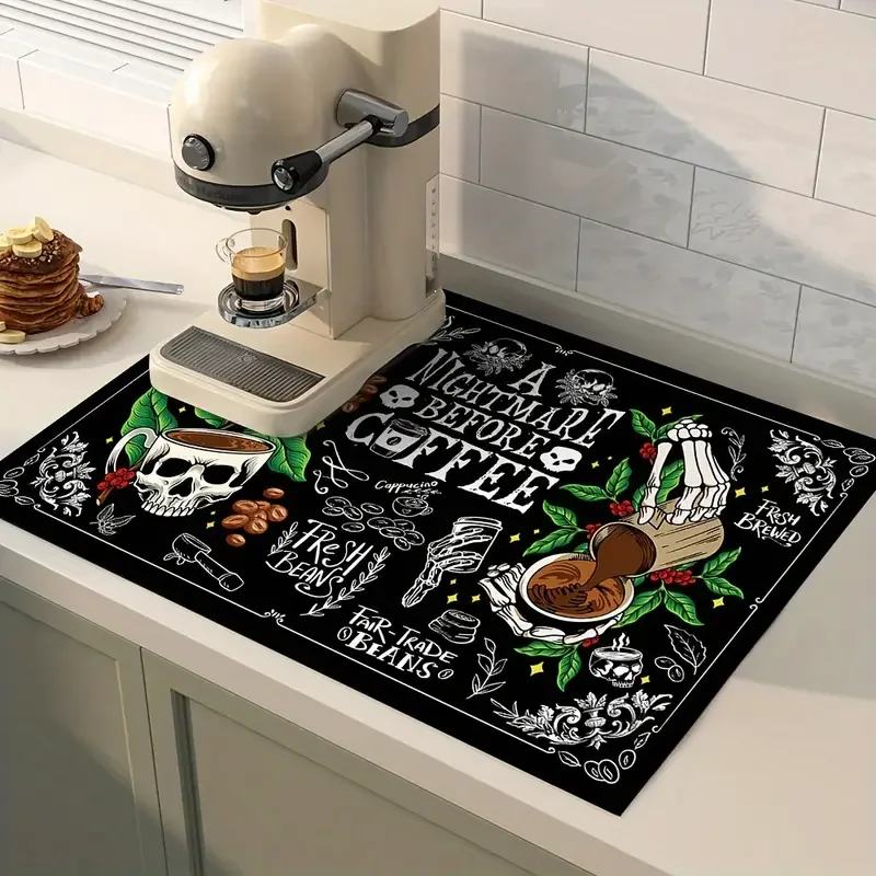 Wärmematte mit Totenkopf-Kaffeemuster von VIKAMA, saugfähiger Tischschutz mit Gummiboden, Kaffeemaschinenmatte, Tischset für die Küche, Heimdekoration
