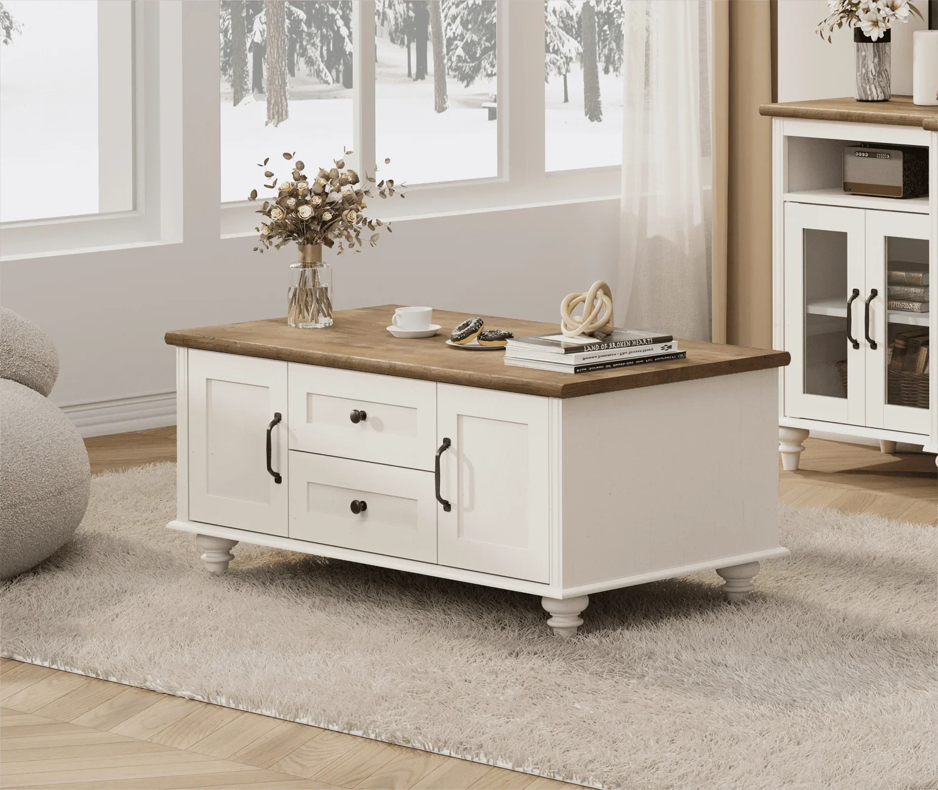 White Coffee Table with Storage Cabinet Rectangle Center Table with Drawer Tea Table for Living Room  Made of High Quality Wood