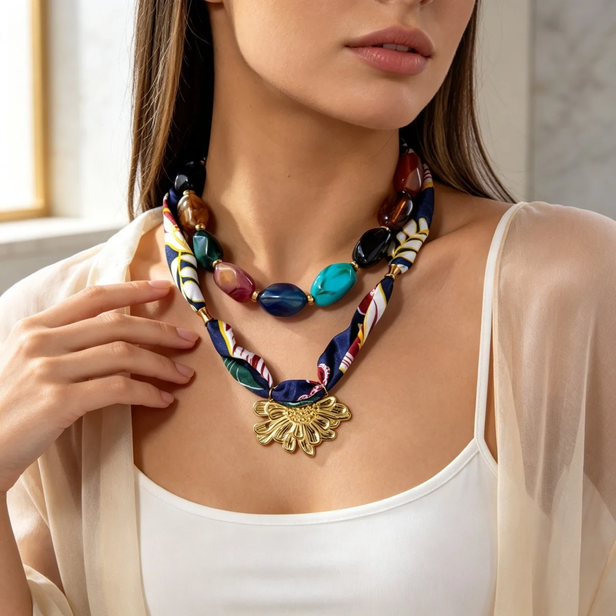 Botanisch bedruckter marineblauer Schal, Edelstahl-Halskette mit geprägten Blumen für Damen, unregelmäßiger Acryl-Perlen-Choker-Schmuck – Detail 10