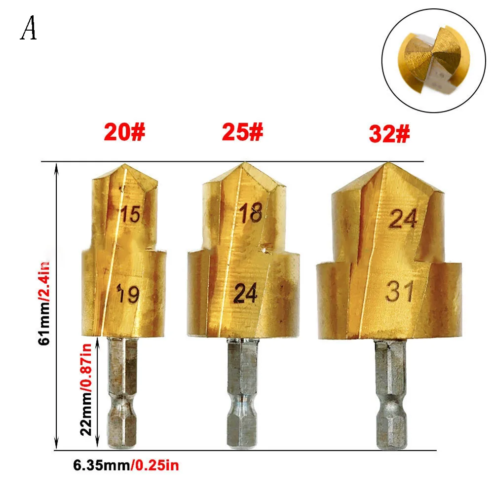3pcs Lifting Stepped Drill Bit Hexagon Shank Water Pipe Connection Tool 20-25-32mm Full Open Process 6.35mm Hexagonal Handle