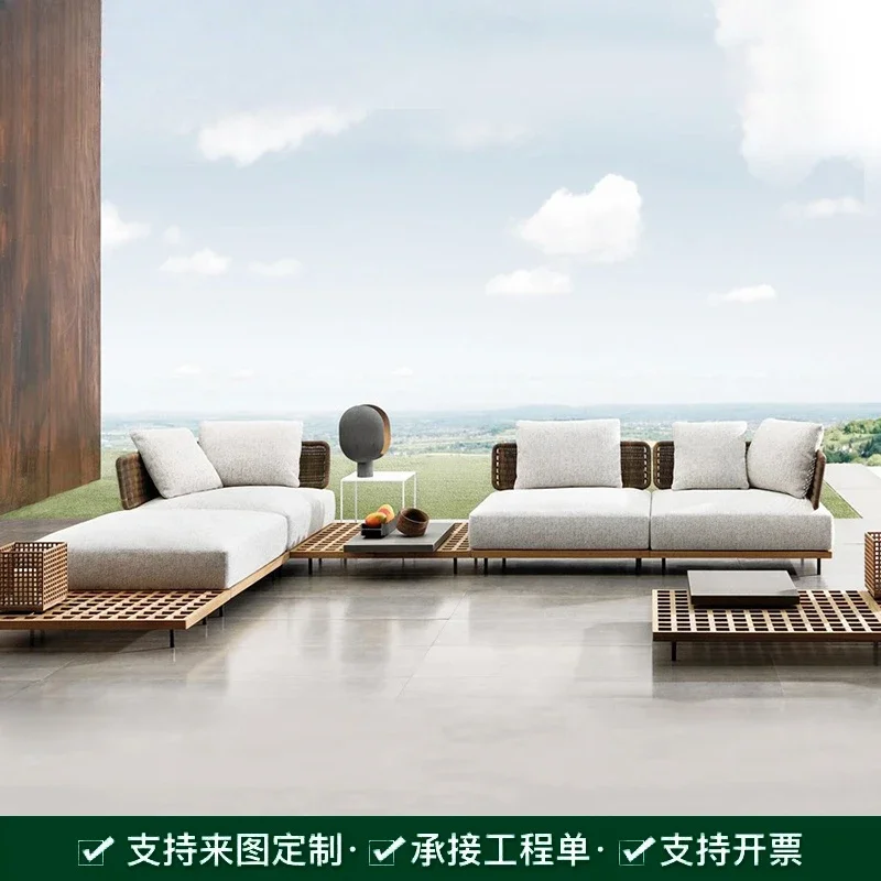 

Outdoor sofa teak combination villa hotel model sun room rooftop outdoor courtyard waterproof rattan furniture