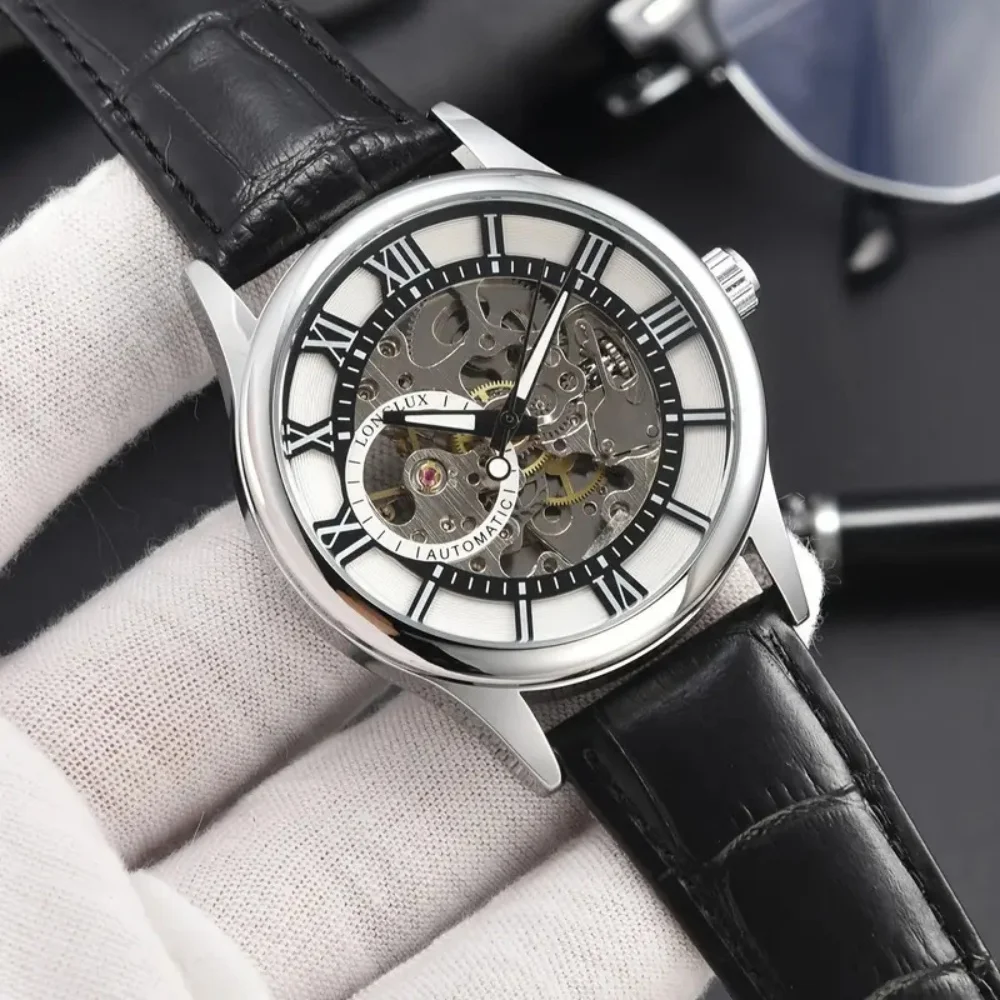 Hot-Selling Men's Automatic Mechanical Skeleton Watch, Vintage and Elegant Roman Numeral Dial Wristwatch, Personalized Waterproof Men's Watch, Soft Leather Strap, Light Luxury Gentleman Style, First Choice for Office and Business Trips, Gift-Giving, High-Value Trendy Versatile Men's Mechanical Watch