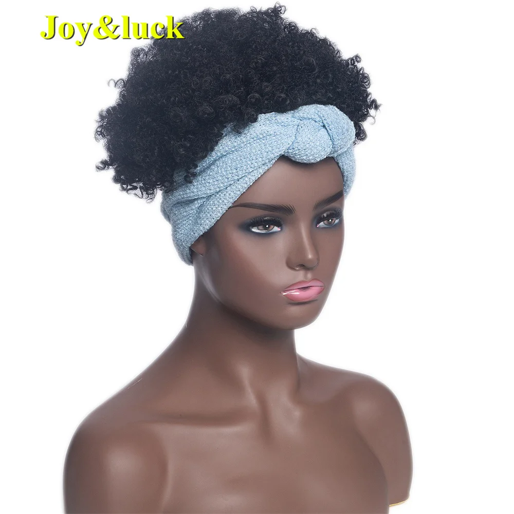 Synthetic Black Headband Wig Short Brown Linen Afro Kinky Curly Wigs With Bangs For Women Daily Use Hair