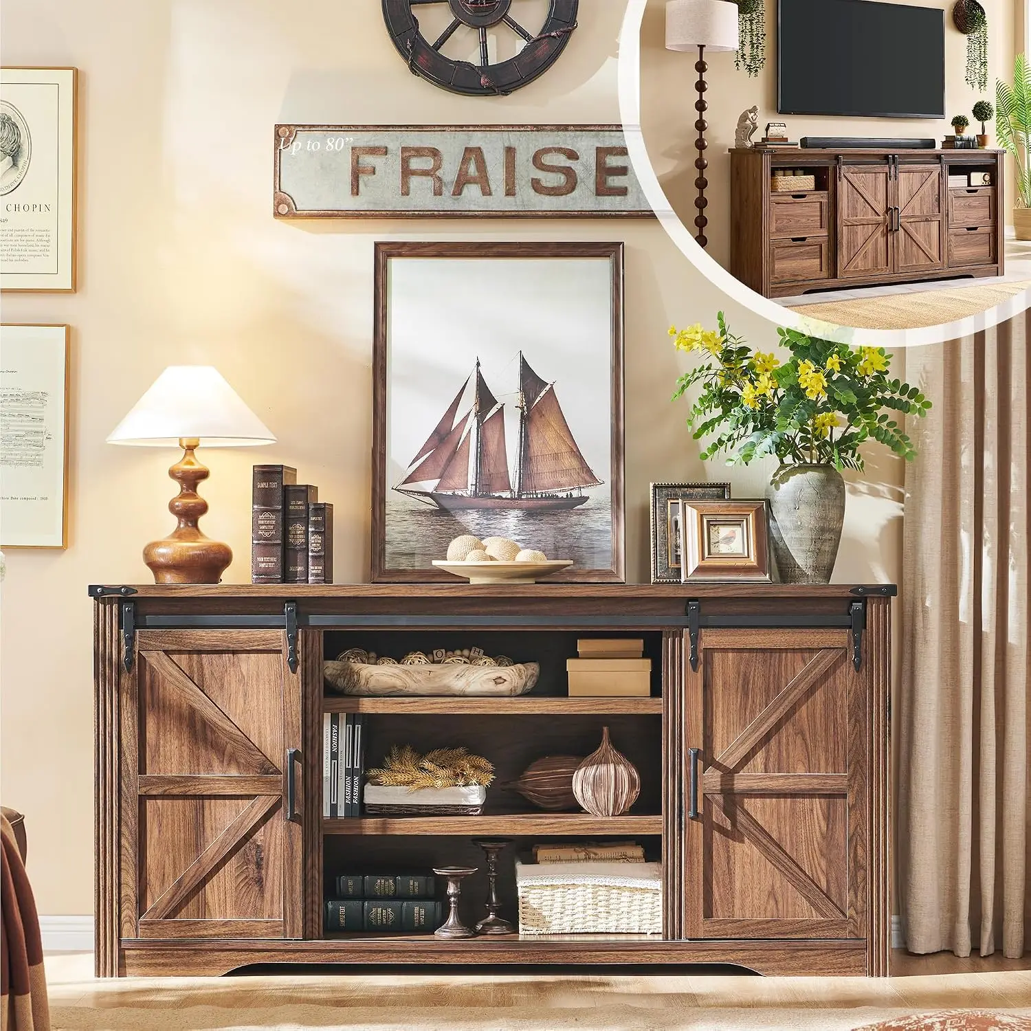 Farmhouse TV Stand for 75+ Inch TV, 32" Tall Entertainment Center w/4 Drawers & Sliding Barn Door, Rustic Media, Customized